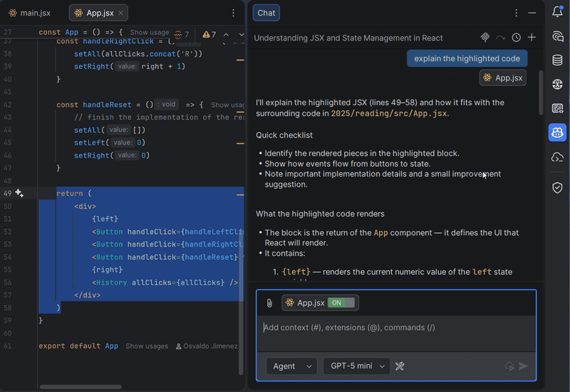 copilot explaining how the selected code works in the chat window