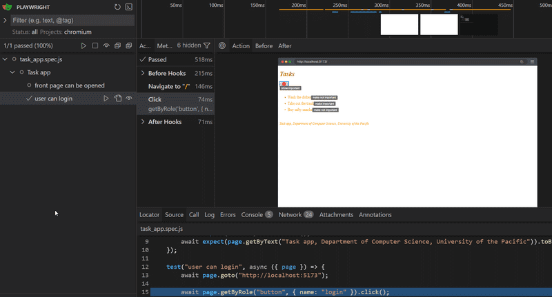 playwright UI rendering the tasks app while testing it