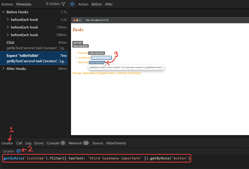 playwright's trace viewer with red arrows pointing at the locator assisted search location and to the element selected with it showing a suggested locator for the element