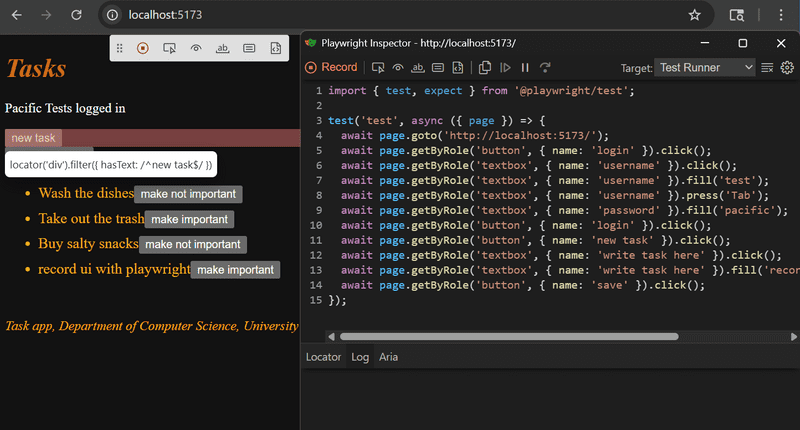 playwright's record mode enabled with its output in the inspector after user interaction