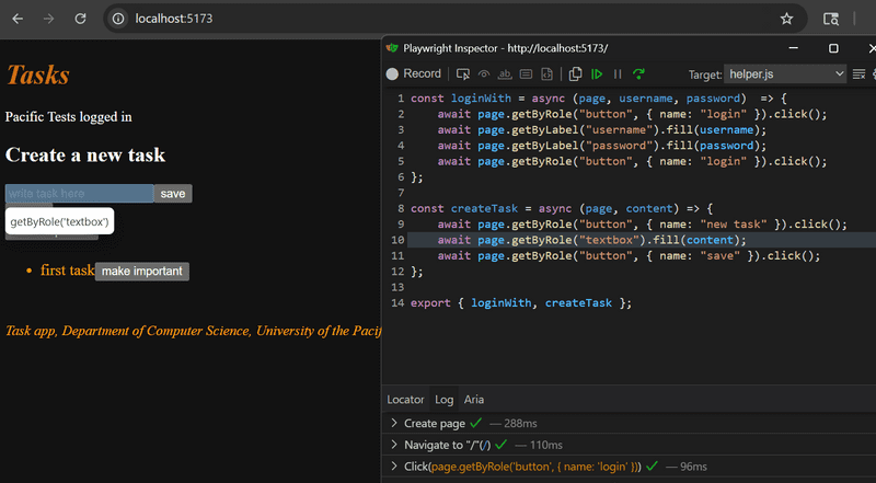 playwright inspector highlighting element found by the selected locator in the application