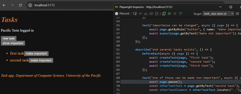 playwright inspector showing the state of the application at page.pause