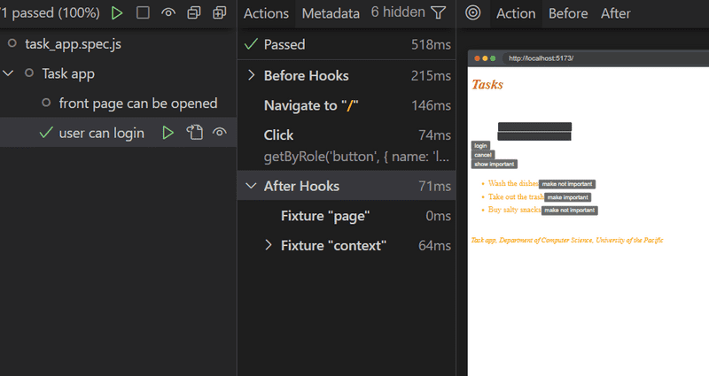 playwright UI rendering the login form of the tasks app