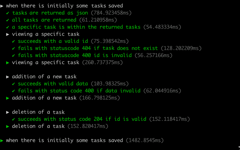 node:test output showing grouped describe blocks