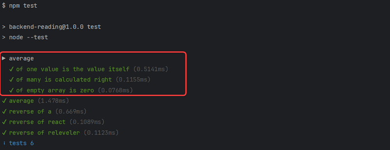 screenshot of npm test showing describe blocks