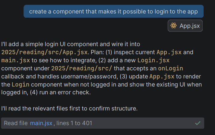 copilot creating a login component on request