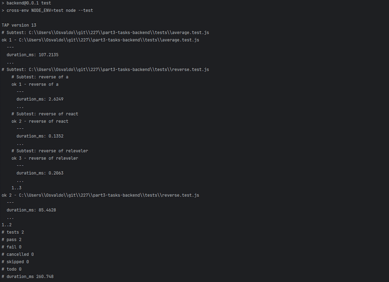 terminal output from npm test with all tests passing