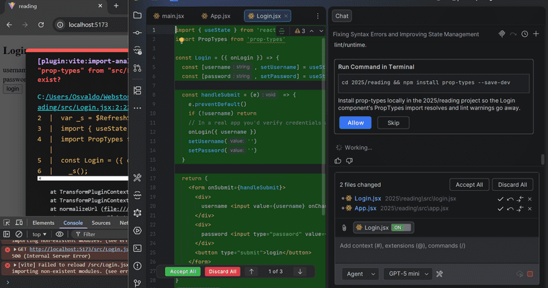 copilot creating a login component progress part 3