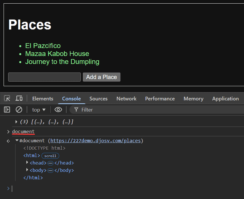 document in the console tab of developer tools