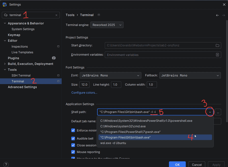 WebStorm terminal settings showing git bash