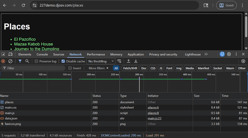 Screenshot of the developer console with the 5 requests visible