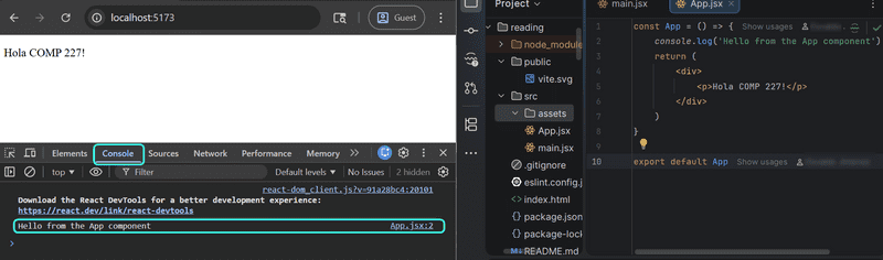 code showing ide, browser and console dev tools