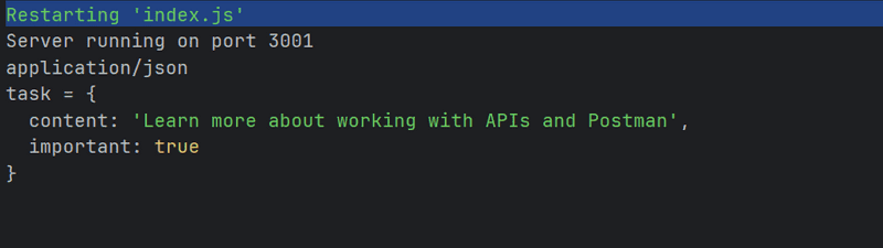 terminal printing content provided in postman