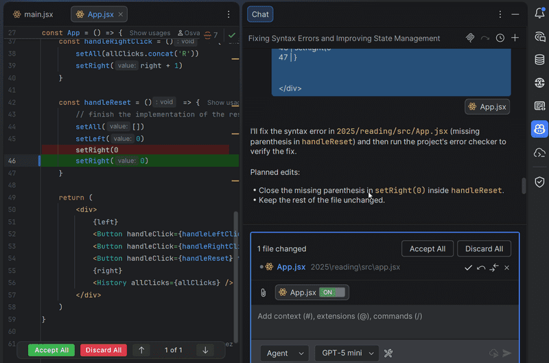 copilot explaining the error and suggesting a fix