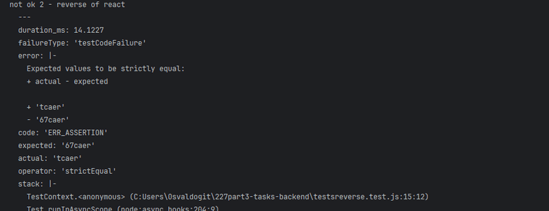 terminal output shows failure from npm test