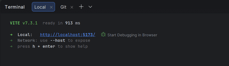 terminal showing vite launched in 5173